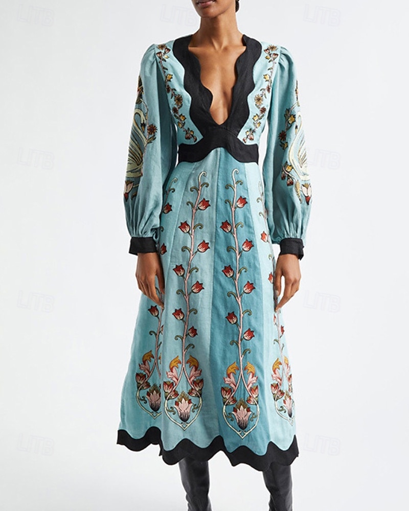 Dam Midiklänning Blommig klänning Klänning med tryck Klassisk Modern Utomhus Semester Helgdag Normal Blomma Långärmad V-hals Blå Höst 2025 - $31.99 –P3