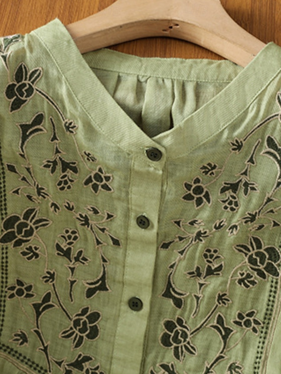 Femmes Chemises en coton et lin Fleuri Bohème Occasionnel Manche 3/4 Col ras du cou Hauts Réguliers Quotidien Broderie Vert Abricot Été Printemps Automne de 2025 ? $34.99 –P10