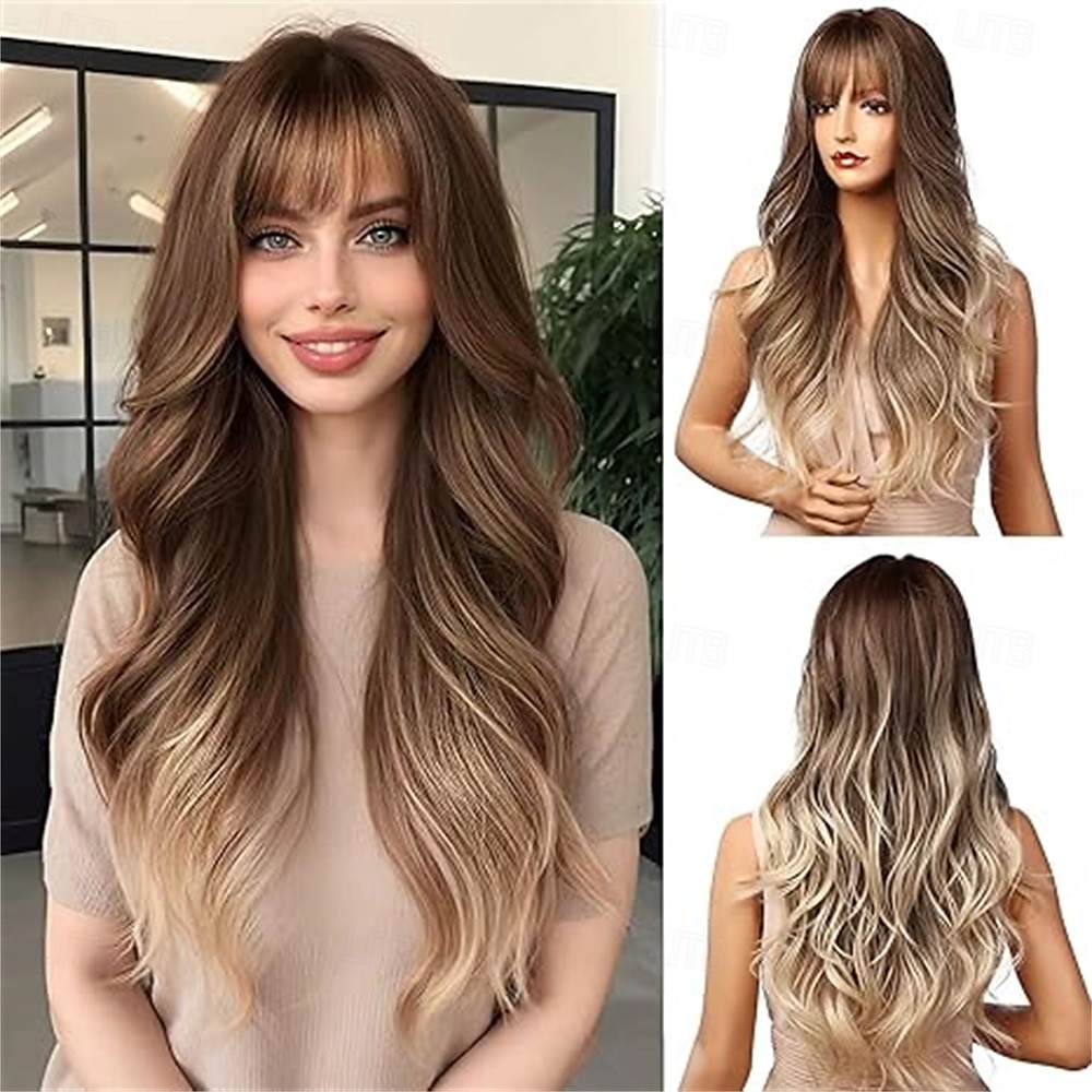Parrucca sintetica da donna, lunga, ondulata, nera, sfumata, rosa con frangia soffice, leggera, per feste in cosplay del 2025 a $27.99 –P6