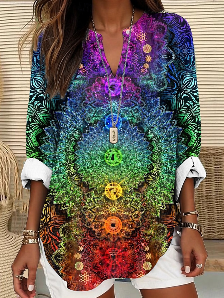 Dame Bluse Blomstret Grafisk Blad Elegant Stilfull Langermet V-hals Vanlige topper Daglig Ferie Trykt mønster Blå Dusty Blue Lys Lilla Lilla Oransje Sommer Vår 2025 - $24.99 –P5