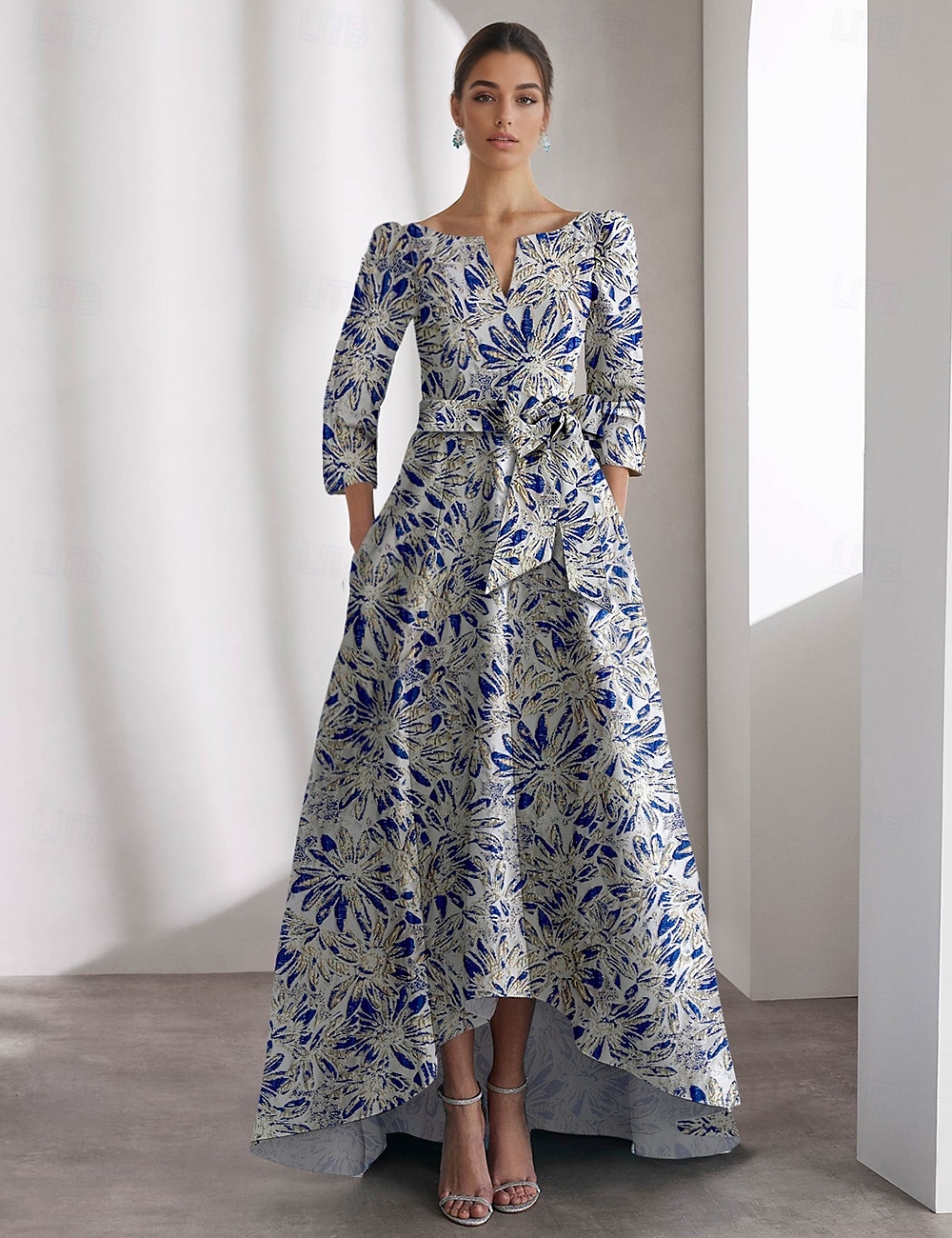 vestido jacquard floral azul, vestidos de coquetel em linha A, vestido formal de gala com gravata preta, manga 3/4, decote em V com bolso, 2025 de 2025 por $145.99 –P1