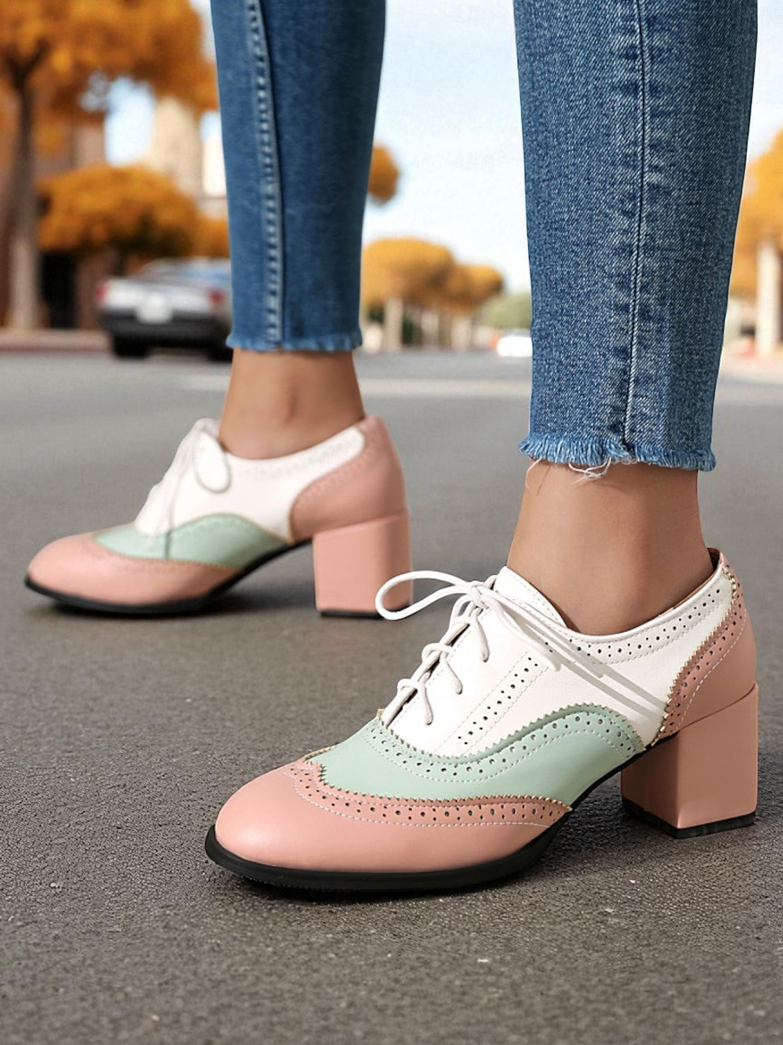 Zweifarbige Oxford-Schuhe mit Blockabsatz für Damen – Retro-Schnürschuhe in Mintgrün und Metallic für den Streetstyle im 50er-Jahre-Stil, Alltagsoutfits und legere Anlässe 2025 - $46.99 –P13