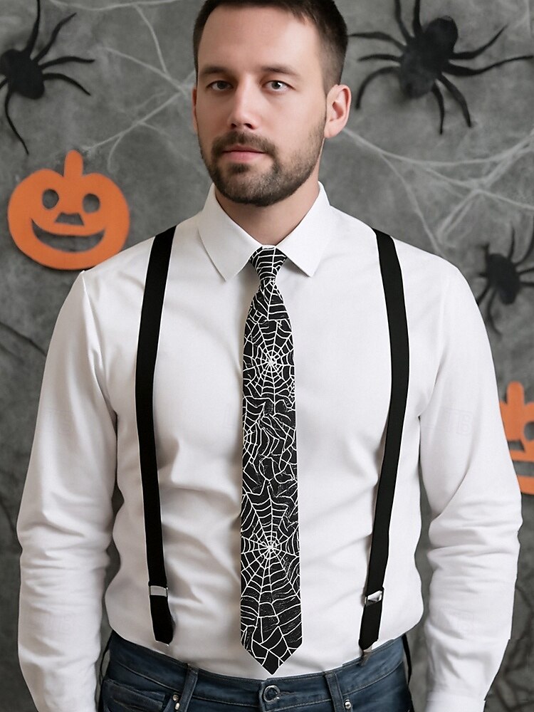 Cravatta da uomo con stampa ragnatela di Halloween – cravatta sottile in raso bianco e nero, elegante accessorio per feste, cosplay, eventi formali e abiti da ufficio per Halloween del 2025 a $9.99 –P2