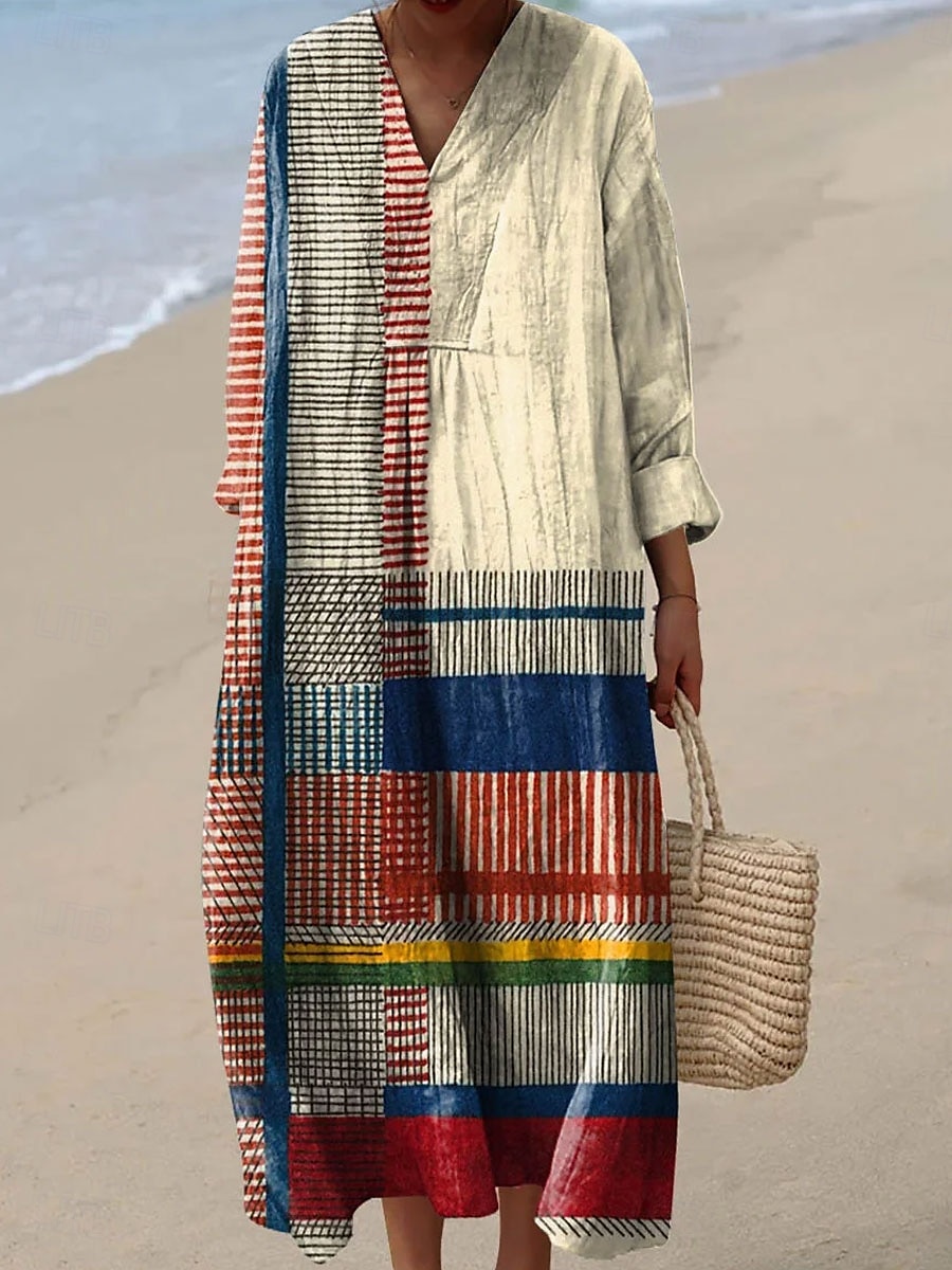 Pentru femei Rochii Midi Rochie de Vară Rochie A line Vacanță Casual Boho Petrecere Plajă Potrivire Largă Grafic Geometric Manșon Lung În V Alb Albastru piscină Portocaliu Maro Vară Primăvară Toamnă 2025 - $35.99 –P1