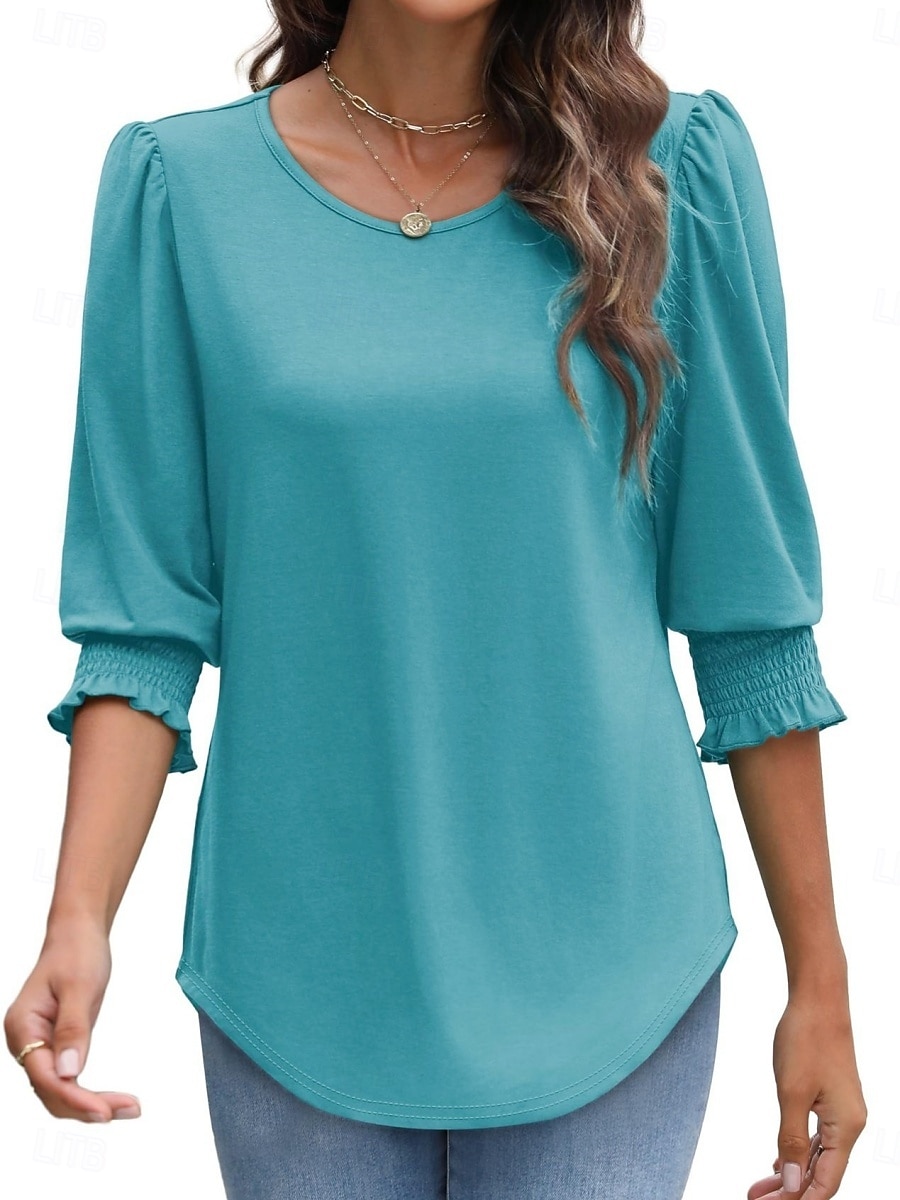 Femmes Chemisier Couleur Unie Élégant Occasionnel Manche 3/4 Col ras du cou Hauts Réguliers Quotidien Noir Blanche Rouge Bleu Été Printemps Automne de 2025 ? $19.99 –P15