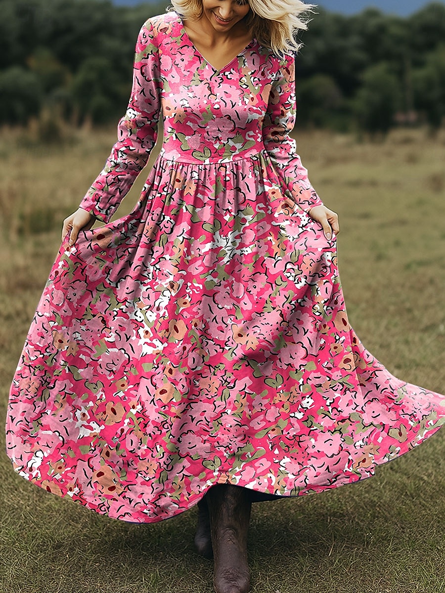 Dam Maxiklänning A linjeklänning Semester Ledigt Boho Strand Normal Blommig Grafisk Långärmad V-hals Rodnande Rosa Blå Orange Beige Vår Höst 2025 - $49.99 –P4