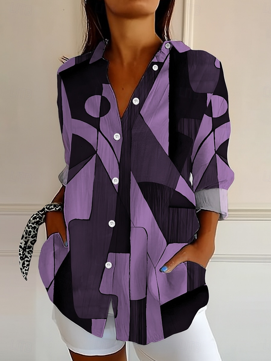 Damen Hemd Knopfverschluss Tunika Hemd Kragen Langarm Grafik Geometrisch Abstrakt Vintage Alltag Stilvoll Regular Tops Arbeit Alltag Feiertag s Print Schwarz und Weiß Pink Blau Lila Grün Frühling 2025 - $33.99 –P6