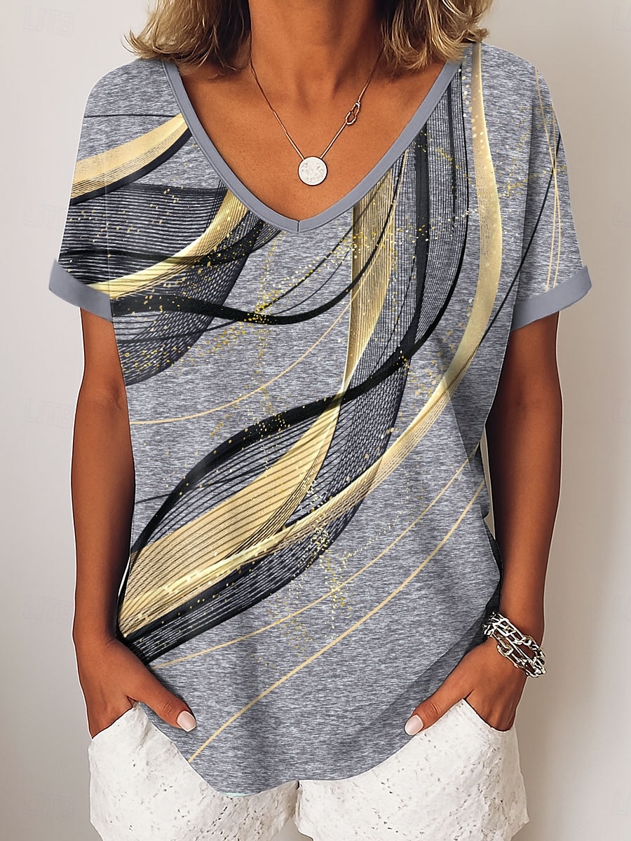 Pentru femei Tricou Grafic Abstract Epocă Stilat Modern Manșon scurt În V Topuri obișnuite Zilnic Sfârșit de săptămână Îmbrăcăminte de vacanță Imprimeu Albastru piscină Mov Auriu Trifoi Vară 2025 - $19.99 –P1