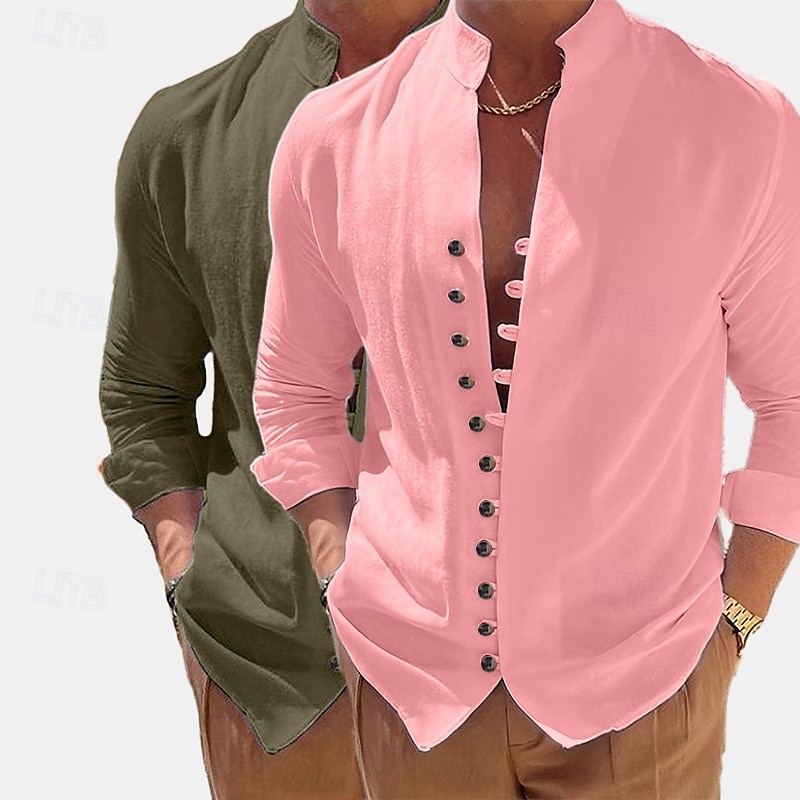 Men's Shirt Linen Shirt Summer Shirt Casual Shirt Button Up Shirt Plain Vacation Curise Green+pink Green+Khaki Blue+Khaki Khaki+Orange Long Sleeve Band Collar Summer Spring &  Fall Clothing Apparel 2026 - $29.99 –P15