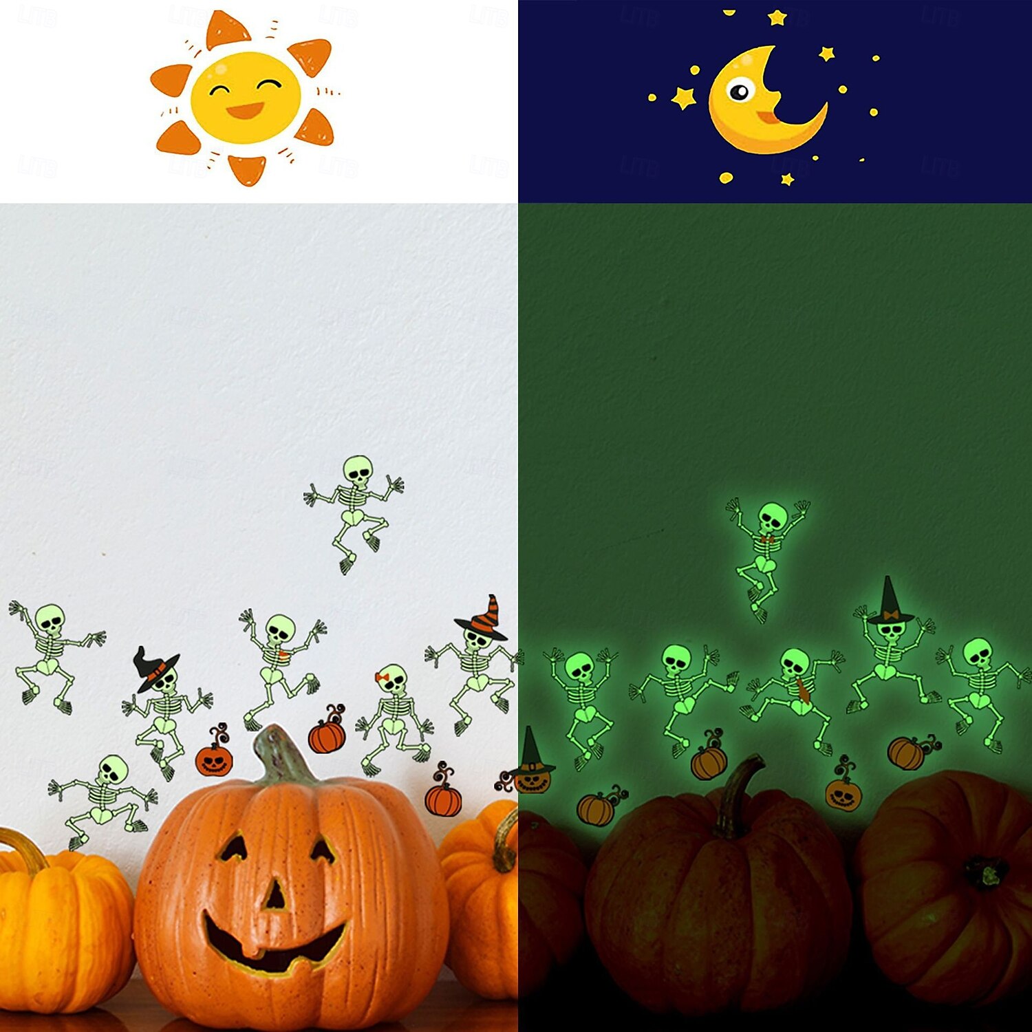 Halloween glow in the dark skelet muurstickers, zelfklevende lichtgevende stickers voor kamerdecoratie, verwijderbare enge Halloween decoraties 2025 - $10.99 –P1