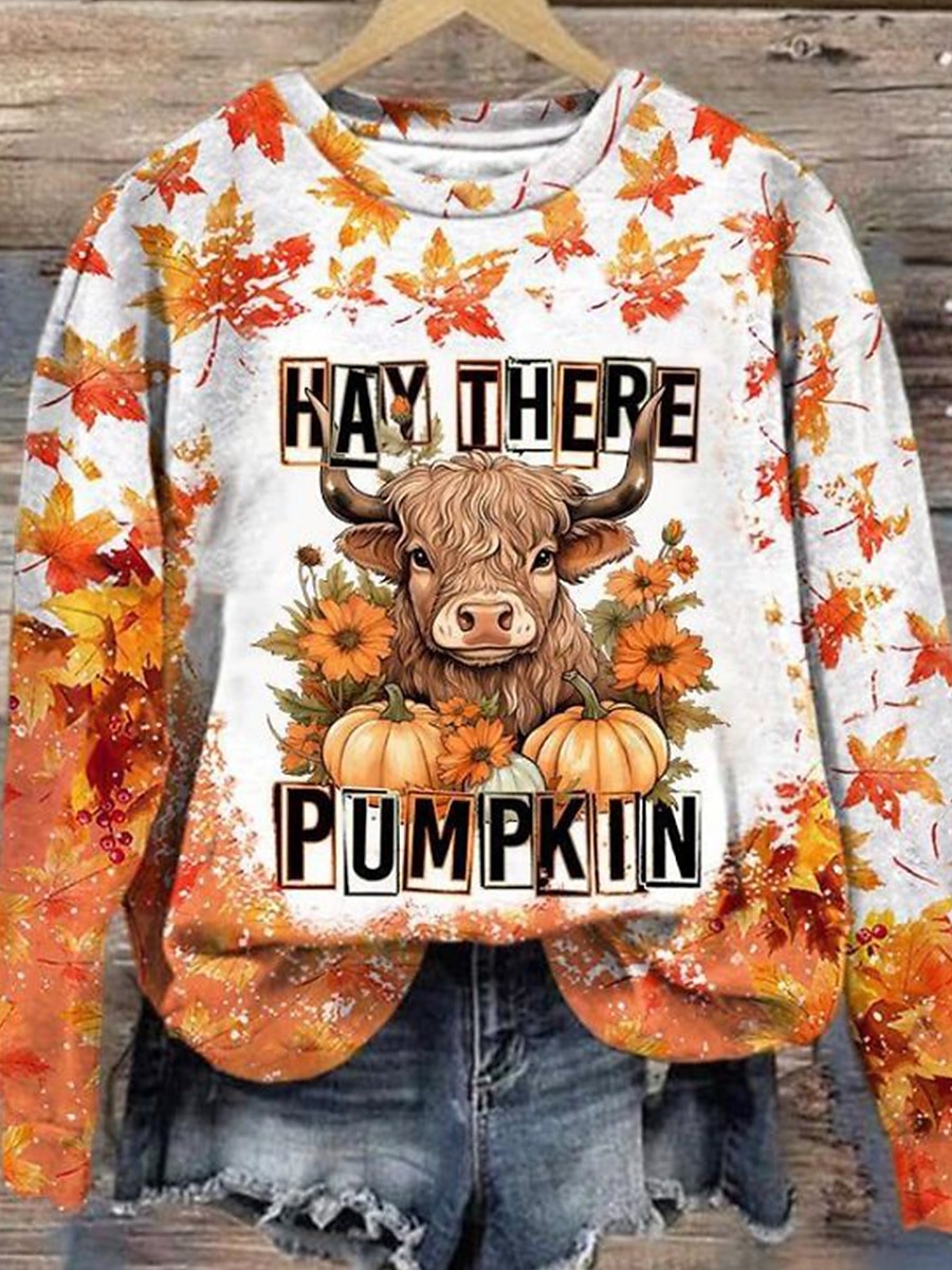 halloween damegensere grafisk paisley avslappet langermet rund hals vanlige topper gate hverdagsbruk avslappet trykk gul oransje høst vinter 2025 - $24.99 –P2