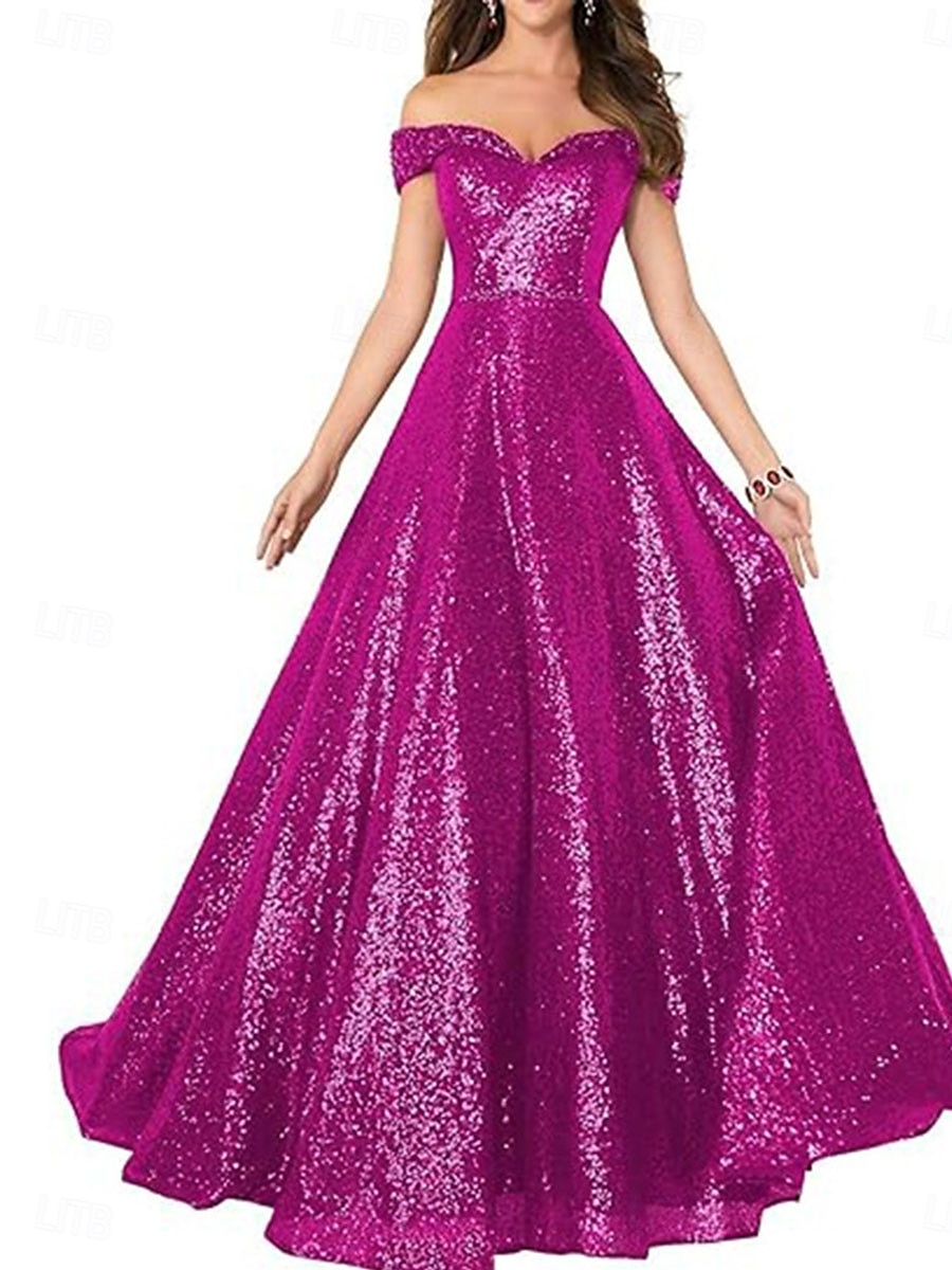 A-Line Evening Gown Elegant Dress Formal Performance Floor Length Short Sleeve Off Shoulder Sequined Backless with Pleats 2025 - $129.99 –P21