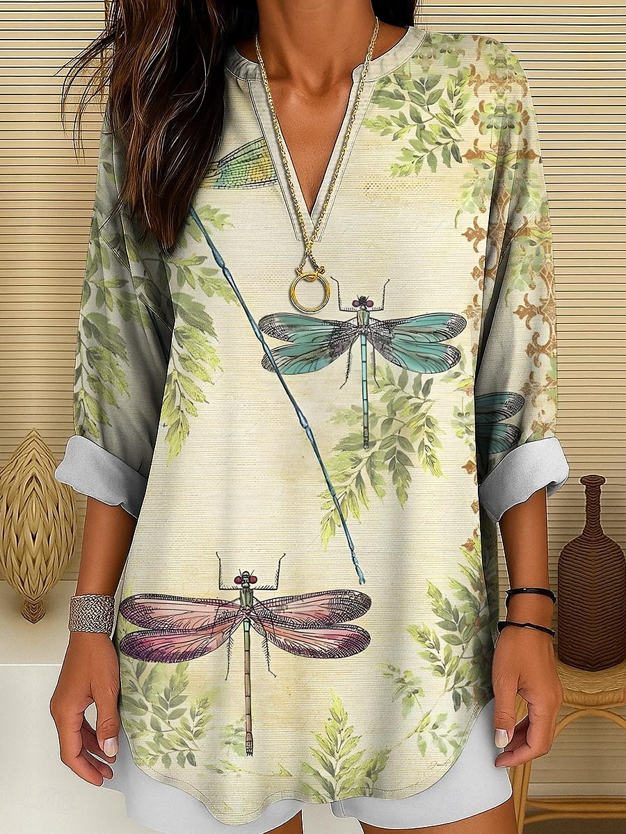 Femmes Chemisier Graphique Animal Libellule ancien Tropical Quotidien manche longue Col en V Hauts Longs Quotidien Fête Tenue de plage Imprimé Champagne Rose Claire Bleu Violet Vert Été Printemps de 2025 ? $24.99 –P1