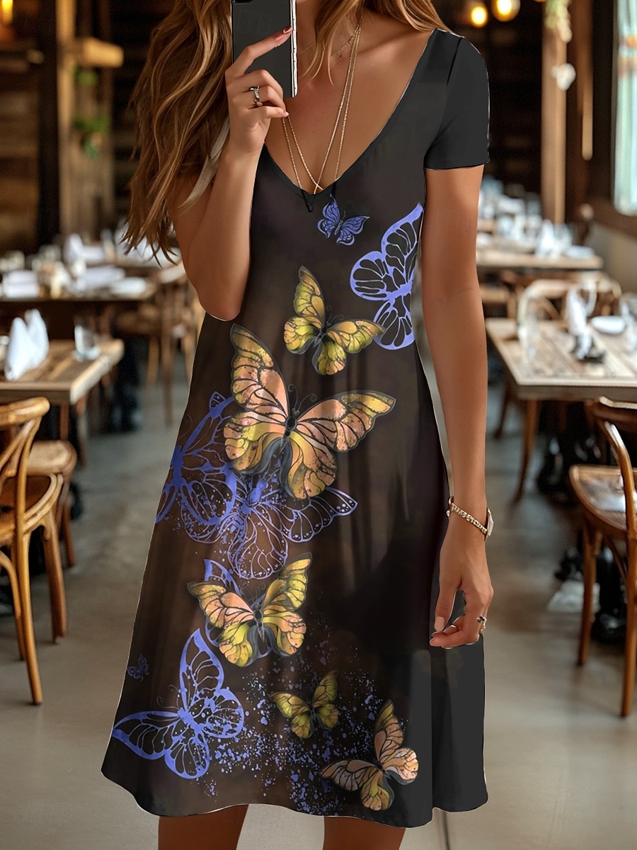 Damen Minikleid T-Shirt-Kleid A Linie Kleid Sommerkleid Urlaub Lässig Ferien Normale Passform Grafik Tiermotiv Schmetterling Kurzarm Rundhalsausschnitt Gelb Rote Blau Purpur Sommer Frühling 2025 - $23.99 –P6