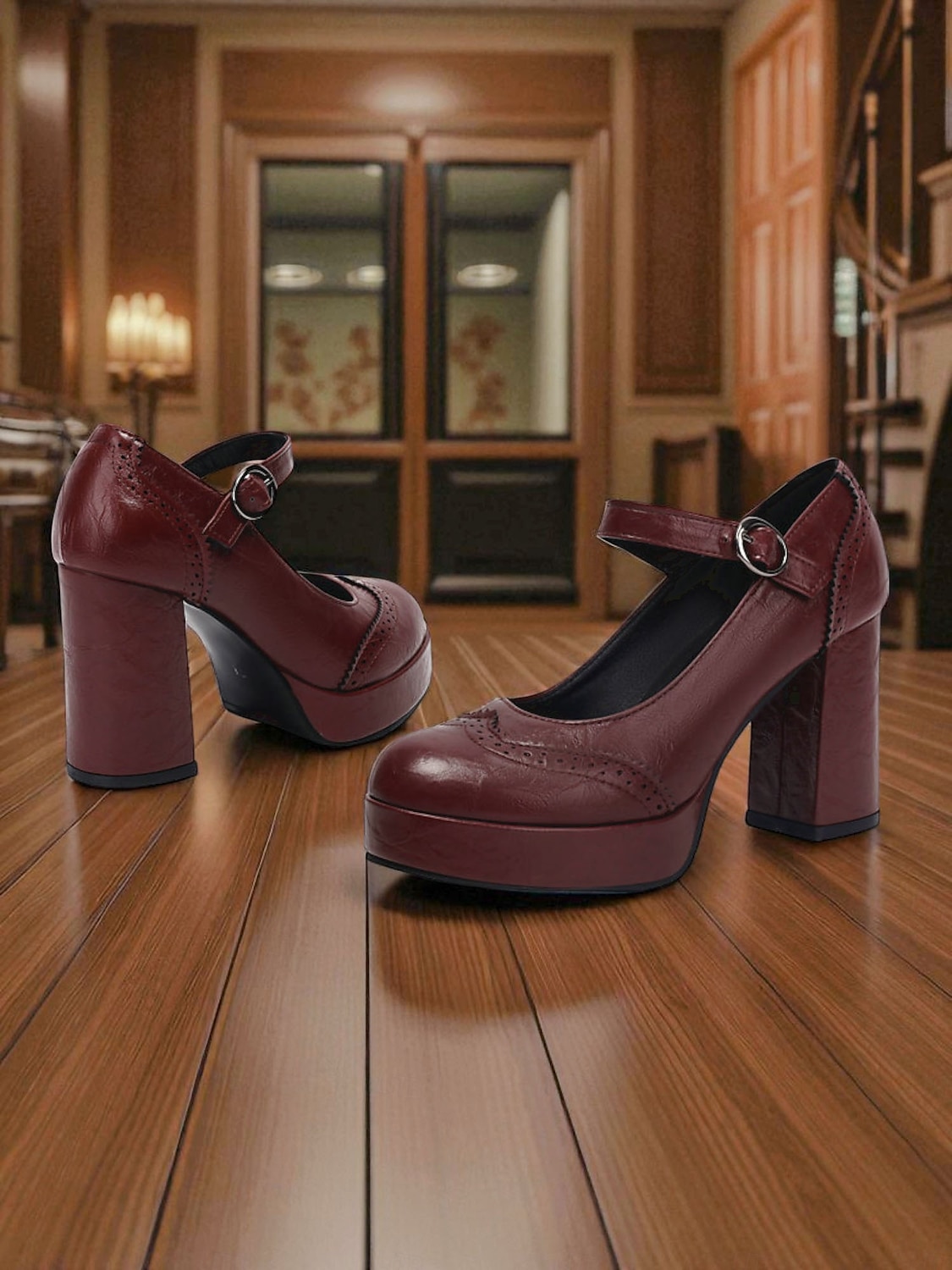 Women's Apricot Mary Jane Platform Pumps - 1950s Retro Chunky Heel Shoes with Brogue Detailing and Adjustable Strap for Office, Tea Parties, and Daily Wear 2025 - $46.99 –P2
