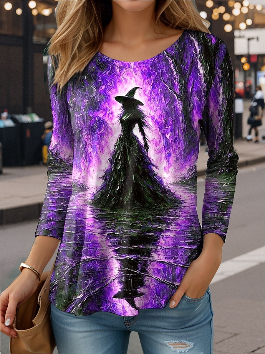 Halloween Pentru femei Tricou Grafic Vrăjitoare Epocă Stilat Casual Manșon Lung Stil Nautic Rotund Topuri obișnuite Zilnic Imprimeu Albastru piscină Mov Portocaliu Trifoi Vară Primăvară Toamnă 2025 - $8.99 –P4
