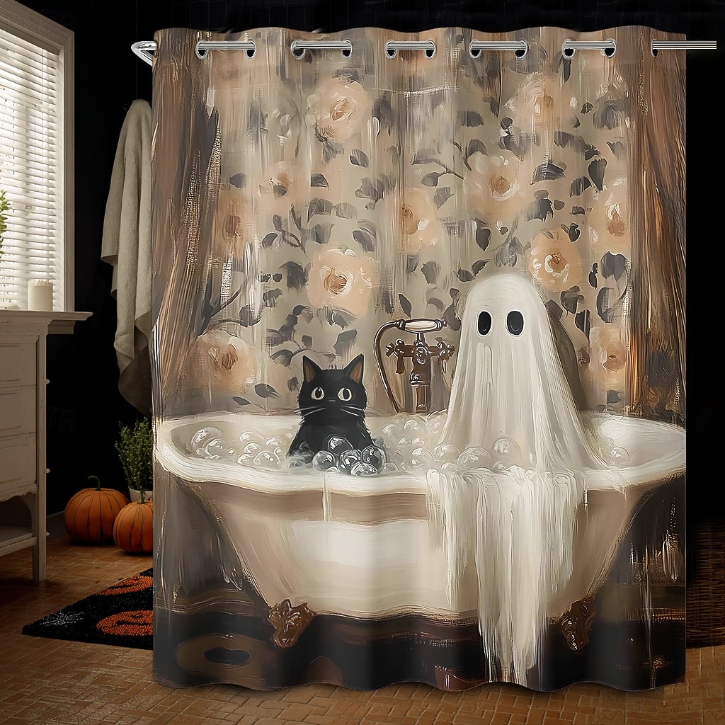 Halloweenský sprchový závěs s háčky, polyesterový, pratelný, voděodolný, vzorovaný, koupelnová vana, dekorace 2025 - $21.99 –P9