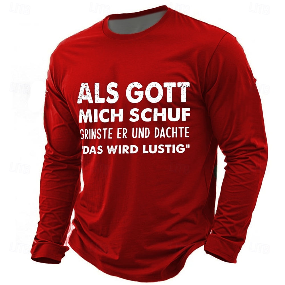Herren-T-Shirt „Als Gott mich schuf Germant“ mit langen Ärmeln und Grafikdruck, Rundhalsausschnitt, modisch, alltagstauglich, Basic, Street, Casual, täglich, Schwarz, Rot, Blau, Sommer, Frühling, 2025 - $19.99 –P3