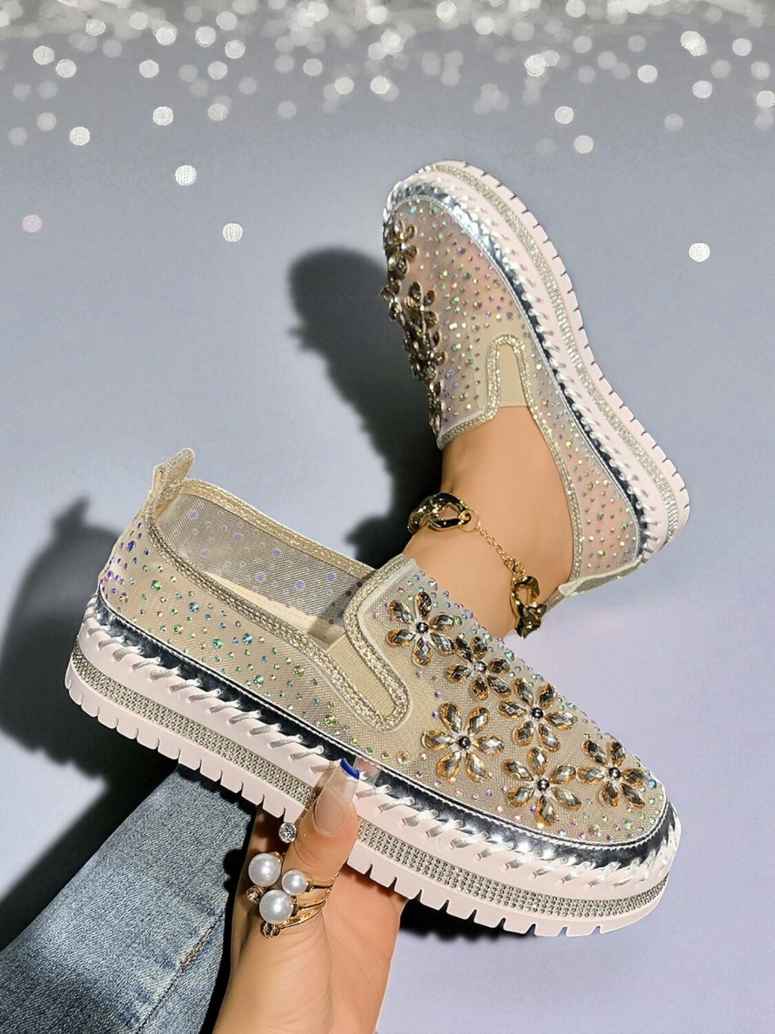Sneakers slip-on da donna con strass, tomaia in mesh e suola spessa - scarpe alla moda per la vita notturna, le feste e le discoteche del 2025 a $34.99 –P4