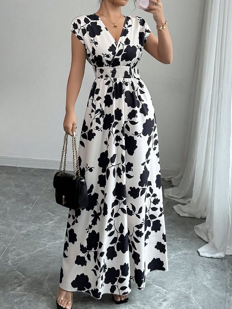 Damskie Sukienka maxi Sukienka A line Urlop Codzienny Boho Na zewnątrz Wyjściowe Luźny / a Kwiaty Krótki rękaw W serek Czarny Czerwony Niebieski Pomarańczowy Lato 2025 - $24.99 –P3