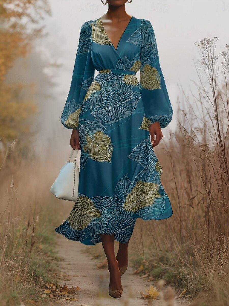 Damen Midikleid Freizeitkleid Chiffon Schwingkleid Modern Urlaub Täglich Wochenende Normale Passform Blumen Langarm V Ausschnitt Blau Grün Dunkelblau Sommer Frühling Herbst 2025 - $31.99 –P1