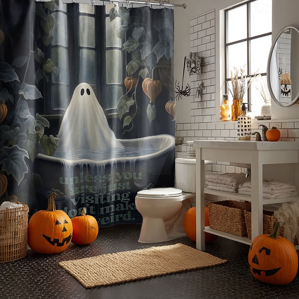 Halloweenský sprchový závěs s háčky, polyesterový, pratelný, voděodolný, vzorovaný, koupelnová vana, dekorace 2025 - $21.99 –P17