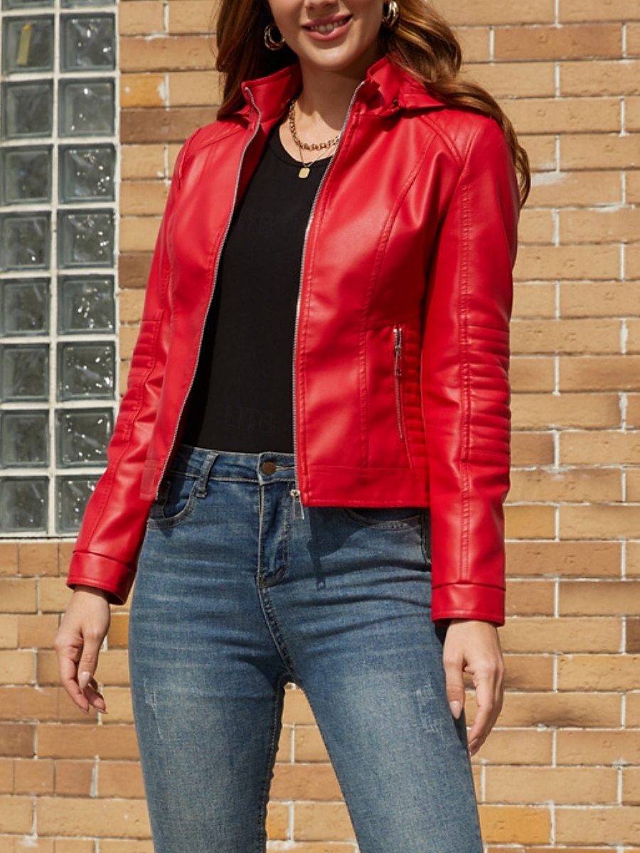 Femmes Veste en Similicuir Veste Décontractée Confortable Respirant Fermeture éclair Avec Poches Occasionnel Uni Vacances Rue Occasionnel Tenue quotidienne Fermeture éclair Court À capuche Coupe de 2025 ? $47.99 –P2