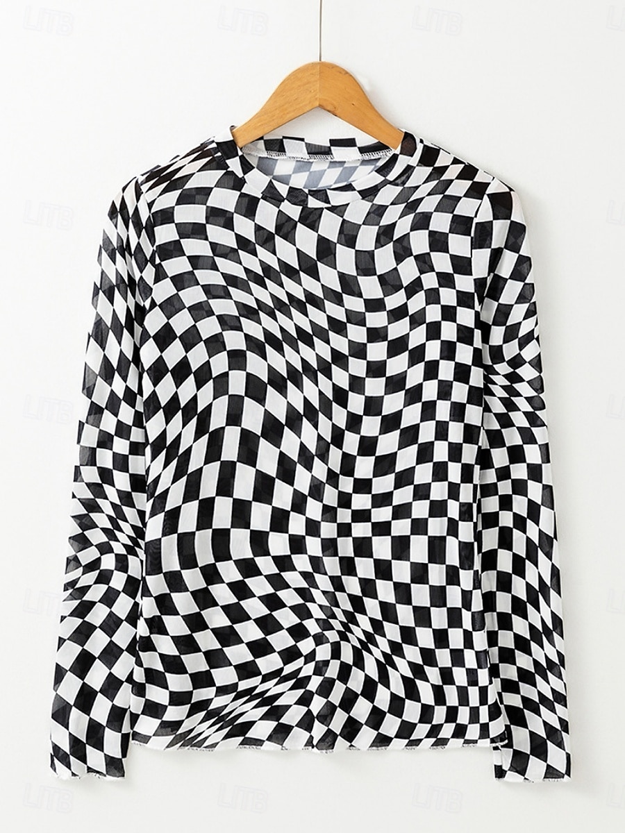 Damen Bluse Karomuster Stilvoll Lässig Langarm Rundhalsausschnitt Normale Oberteile Täglich Druck Schwarz Rosa Aprikose Sommer Frühling Herbst 2025 - $15.99 –P5