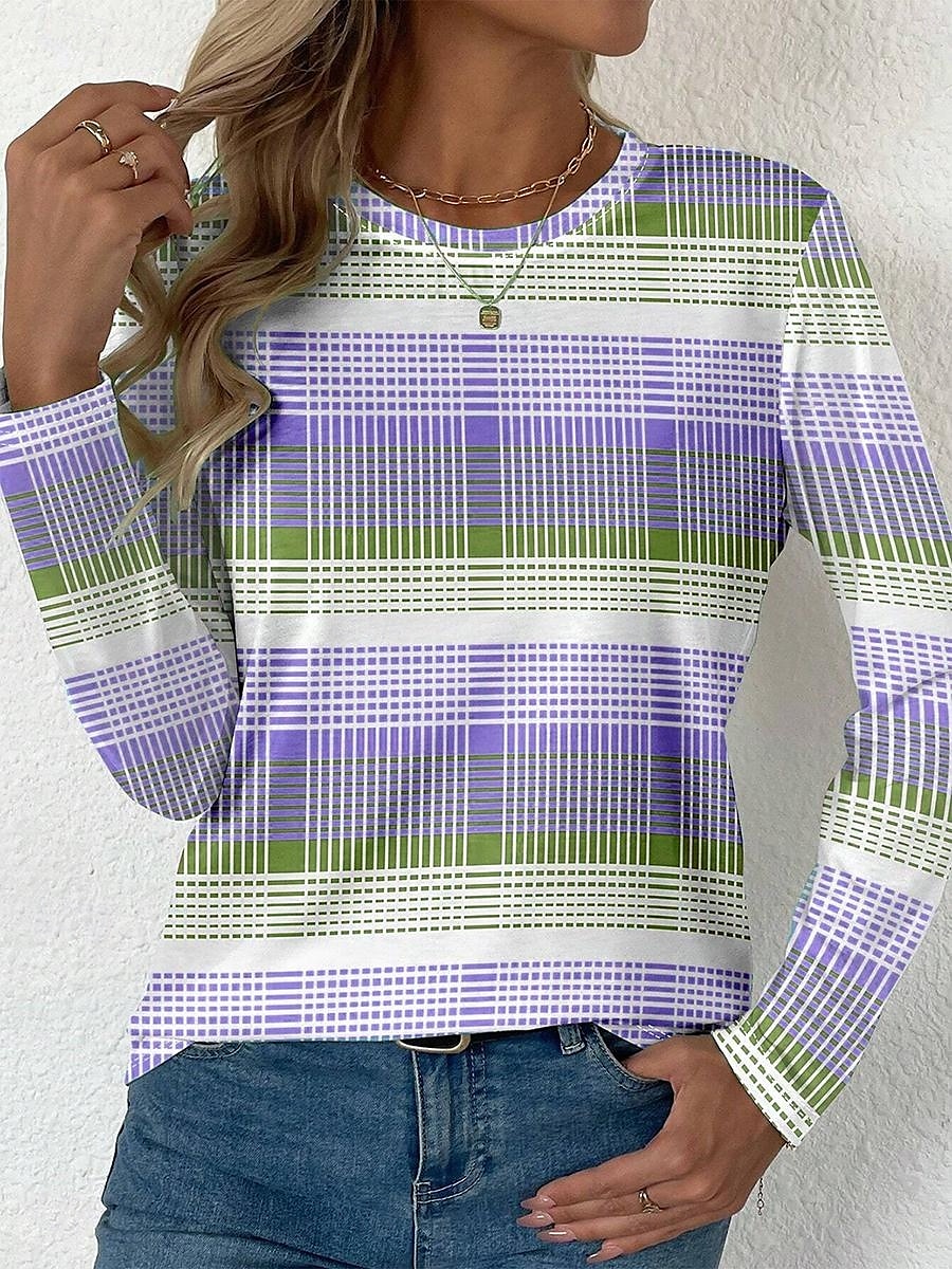 Påsk Dam T-shirt Grafisk Rutig Stylish Modern Ledigt Långärmad Rund hals Vanliga toppar Dagligen Mönster Gul Rodnande Rosa Blå Purpur Grön Sommar Vår Höst 2025 - $22.99 –P3