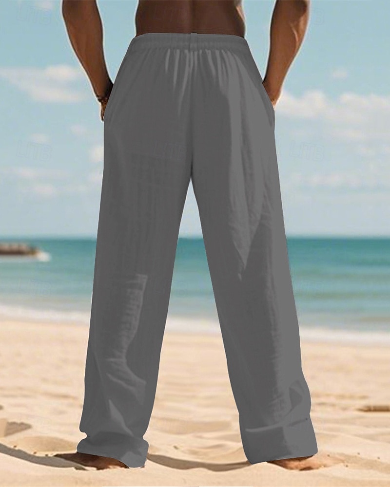 Men's Linen Pants Trousers Summer Pants Beach Pants Pocket Elastic Waist Drawstring Plain Comfort Breathable Vacation Daily Holiday Hawaiian Boho Dark Khaki Black 2025 - $18.99 –P14