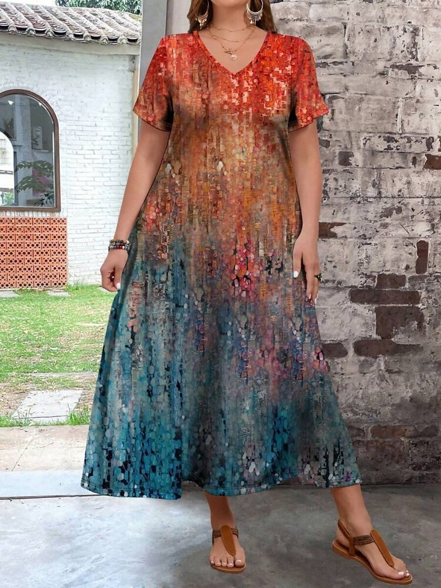 Damen Übergröße Freizeitkleid Ombre V Ausschnitt Kurzarm Sommer Frühling Mode Modern Lässig Maxikleid Ferien Wochenende Kleid 2025 - $28.99 –P4