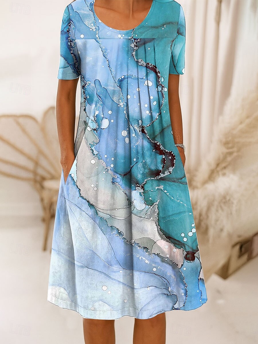 Damen Midikleid Shiftkleid A Linie Kleid Sommerkleid Elegant Urlaub Lässig Normale Passform Grafik Marmor Kurzarm Rundhalsausschnitt Rosa Blau Grün Sommer Frühling 2025 - $30.99 –P3