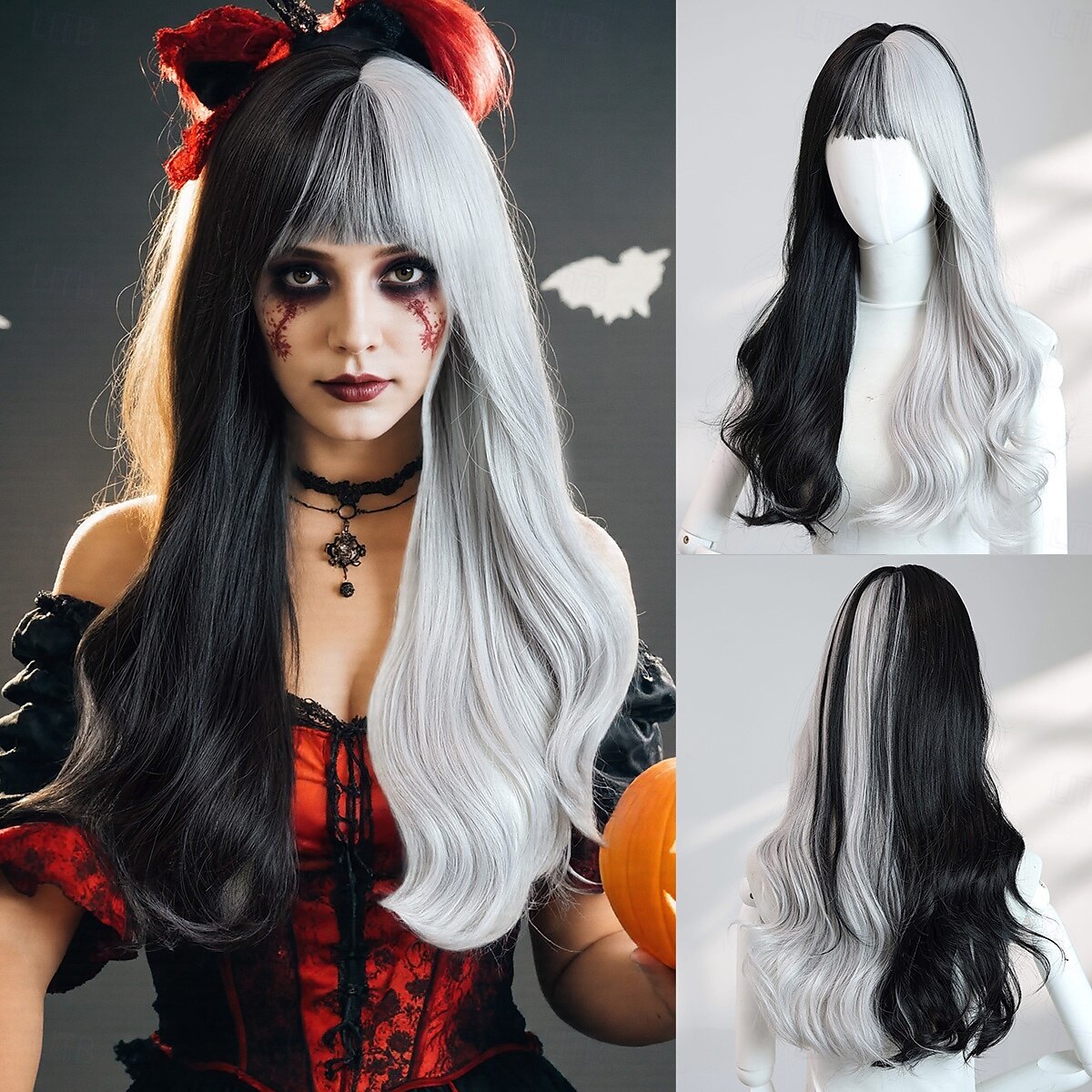 Parrucca ondulata nera e grigia da 24 pollici per donna: capelli bicolore alla moda con frangia, perfetta per costumi di Halloween e moda quotidiana del 2025 a $33.99 –P1