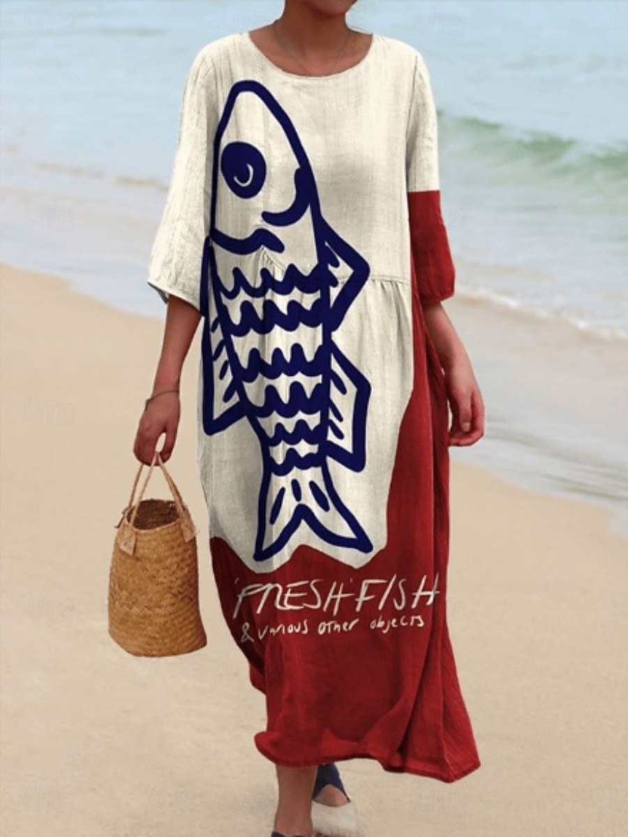 Femmes Robe Midi Robe Décontractée Robe Imprimée Mode Moderne Quotidien Plage Week-end Coupe régulière Poisson Manche 3/4 Col ras du cou Jaune Rouge Bleu Été Printemps Automne de 2025 ? $31.99 –P3