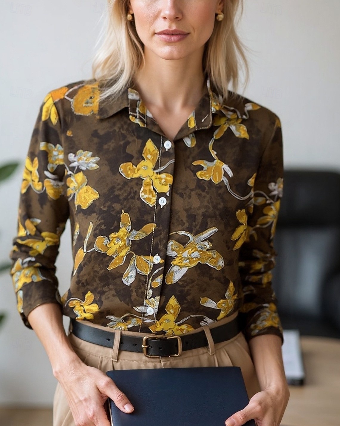 Damen Bluse Elegante Oberteile Chiffon Tops Blumen Farbblock Elegant Täglich Stilvoll Langarm Hemdkragen Normale Oberteile Arbeit Täglich Knöpfe Druck Gelb Rosa Rote Braun Beige Frühling, Herbst 2025 - $26.99 –P5