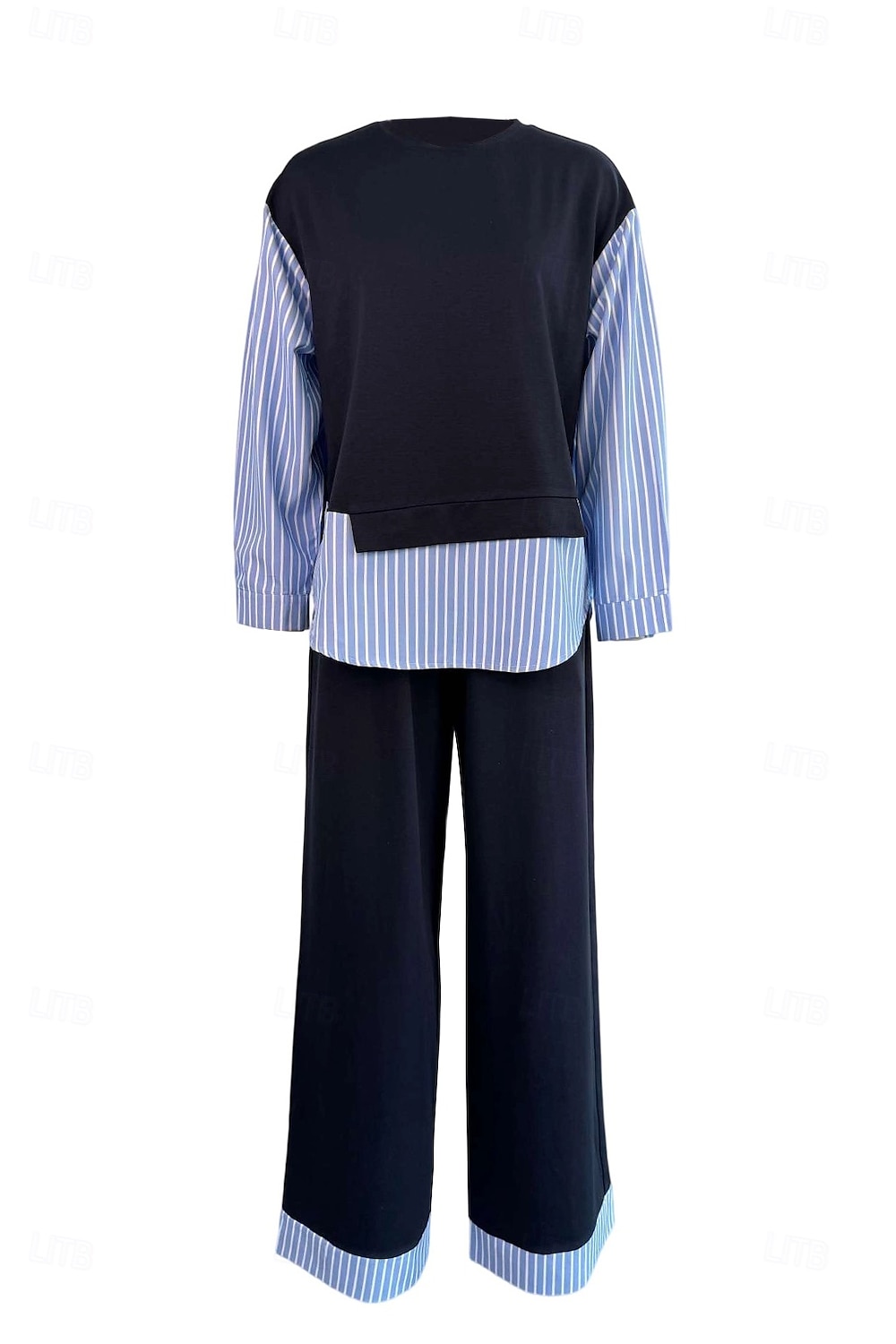 Femmes Élégant ancien Quotidien Ensembles de Pantalons manche longue Col rond Rayé Patchwork Vacances Travail Occasionnel Bleu Printemps Coupe Ample de 2025 ? $52.99 –P3
