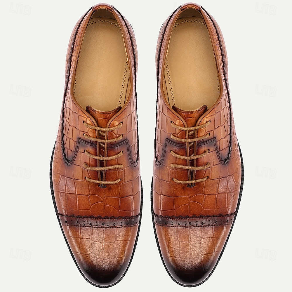 Sapatos oxford masculinos de couro de crocodilo marrom com relevo – sapatos sociais clássicos para homens de negócios e convidados de casamento de 2025 por $94.99 –P4