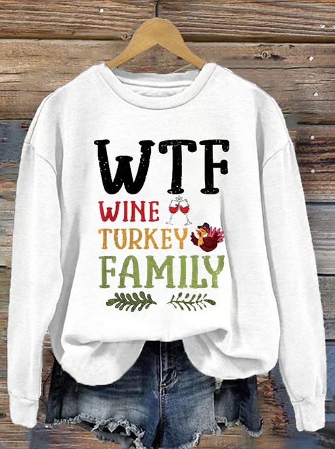 Women's Casual Wtf Wine Turkey Family Print Hoodies Letter Casual Long Sleeve Round Neck Regular Tops Work White Orange Green Gray Fall Winter 2025 - $24.99 –P2