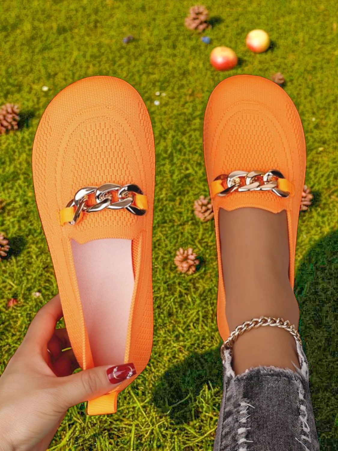 Mocassins Flyknit orange à bout large pour femme – chaussures plates décontractées, confortables et respirantes avec chaîne en métal, idéales pour le shopping, le travail et les promenades dans le jardin de 2025 ? $19.99 –P3