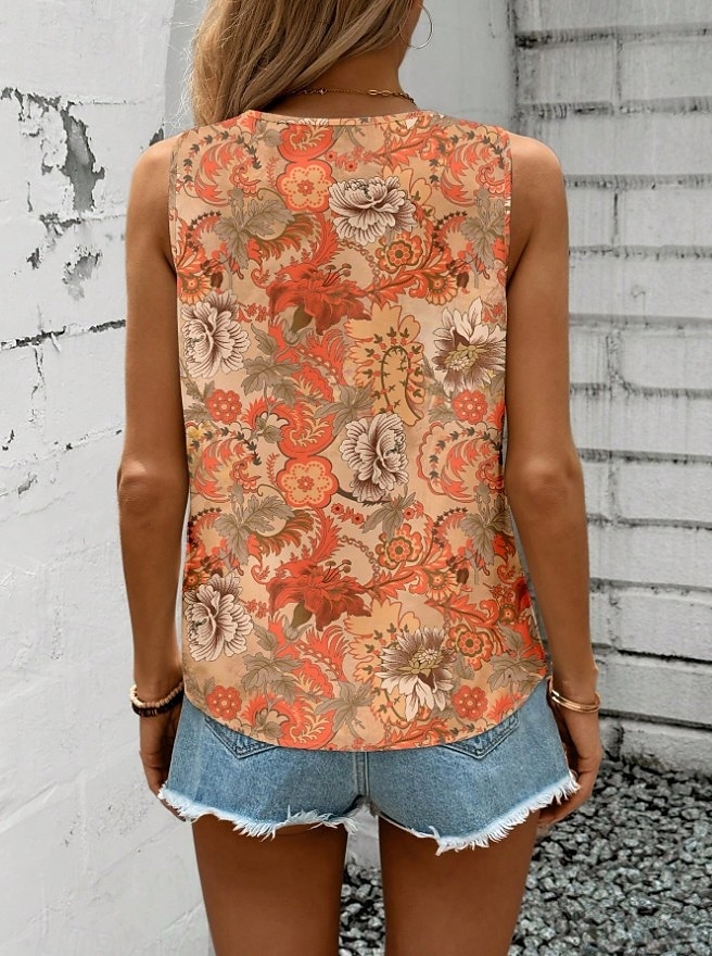 Dame Camisole Tank Top Blomstret Grafisk Geometrisk Elegant Årgang Tropisk Ermeløs V-hals Vanlige topper Daglig Trykt mønster Svart Oransje Grønn Beige Sommer Vår 2025 - $19.99 –P6