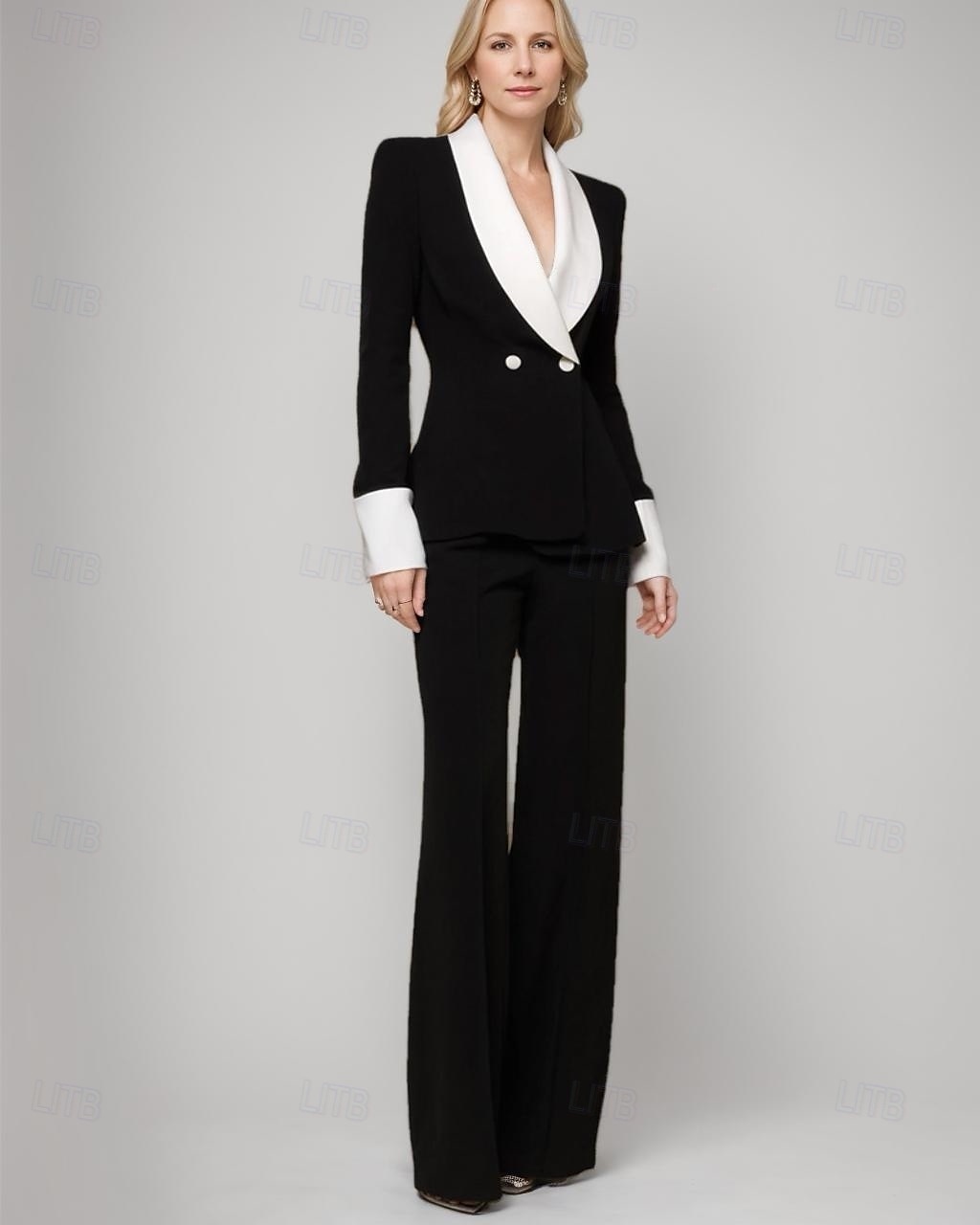 Black and White Women's Suits Top Mother of the Bride Blazer Elegant Shawl Lapel Neck Polyester Long Sleeve with Buttons Color Block 2025 2025 - $99.99 –P2
