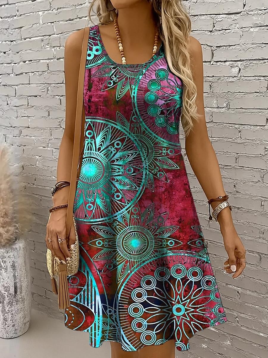 Damen Minikleid Sommerkleid A Linie Kleid Urlaub Lässig Boho Party Ferien Date Normale Passform Grafik Geometrisch Boho Paisley Damast Ärmellos U-Ausschnitt Rundausschnitt Rote Blau Purpur Grün 2025 - $21.99 –P5