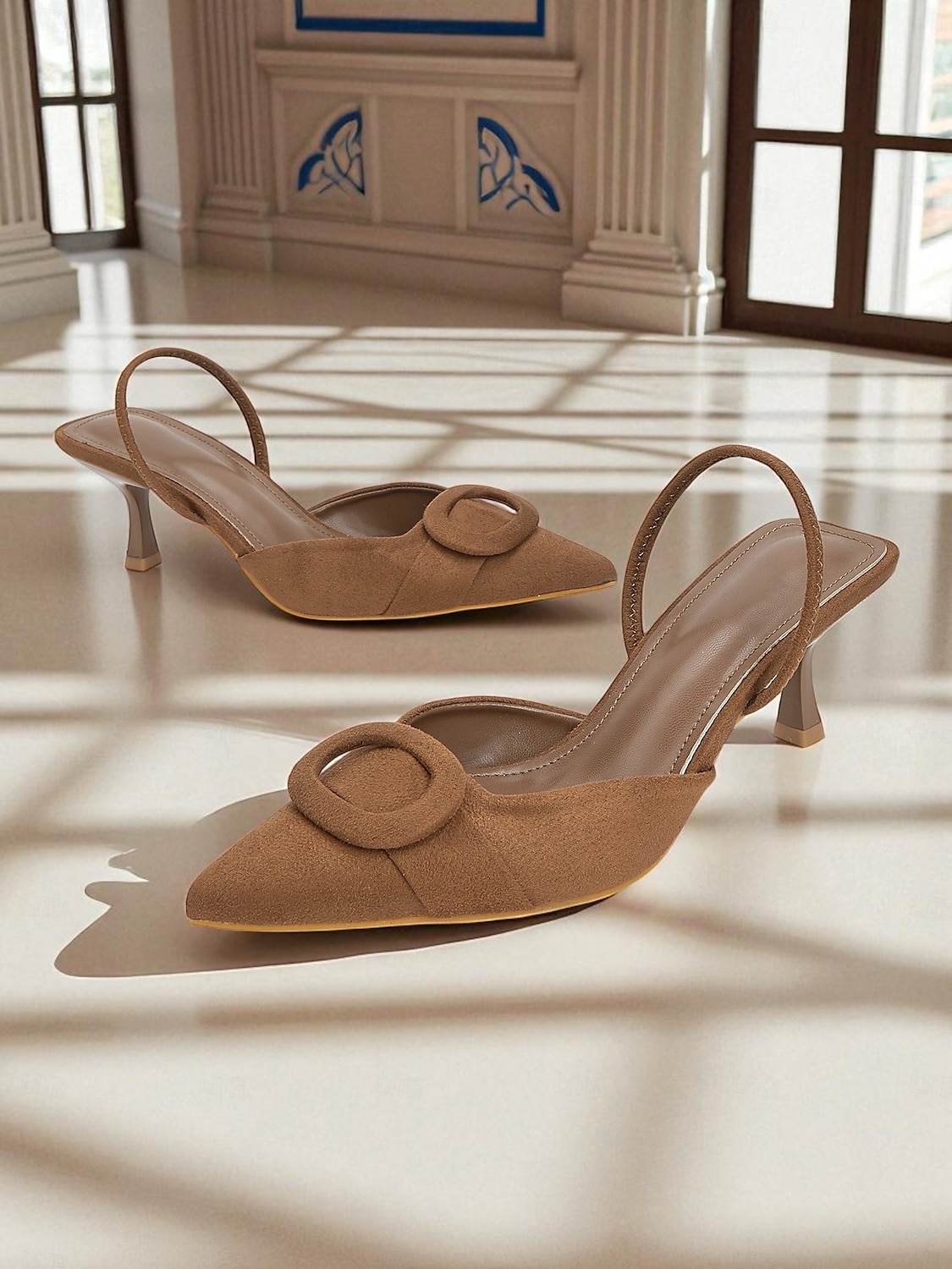 Dámské hnědé semišové boty s úzkým podpatkem - elegantní elegantní špičatá špička s přezkou, ideální do kanceláře, na svatby a formální večírky. 2025 - $42.99 –P1