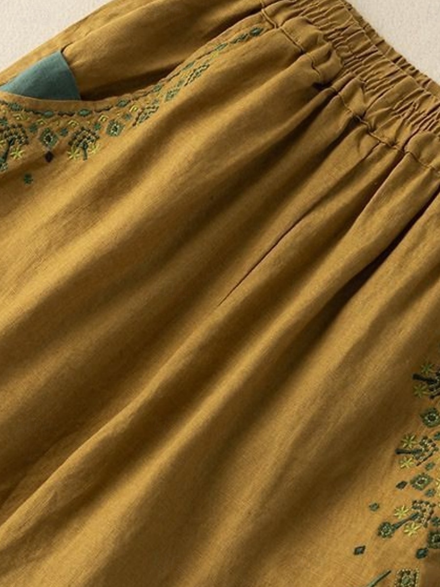 Mujer Pantalones de lino y algodón Chinos Moda Básico Longitud total Alta cintura Floral Bordado Comodidad Al Aire Libre Microelástico Vacaciones Calle Diario Blanco Amarillo Albaricoque Café Verano 2025 - $18.99 –P14