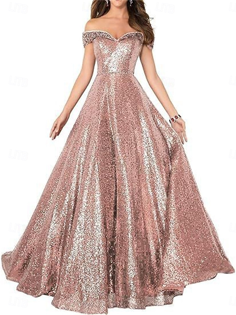 A-Line Evening Gown Elegant Dress Formal Performance Floor Length Short Sleeve Off Shoulder Sequined Backless with Pleats 2025 - $129.99 –P15