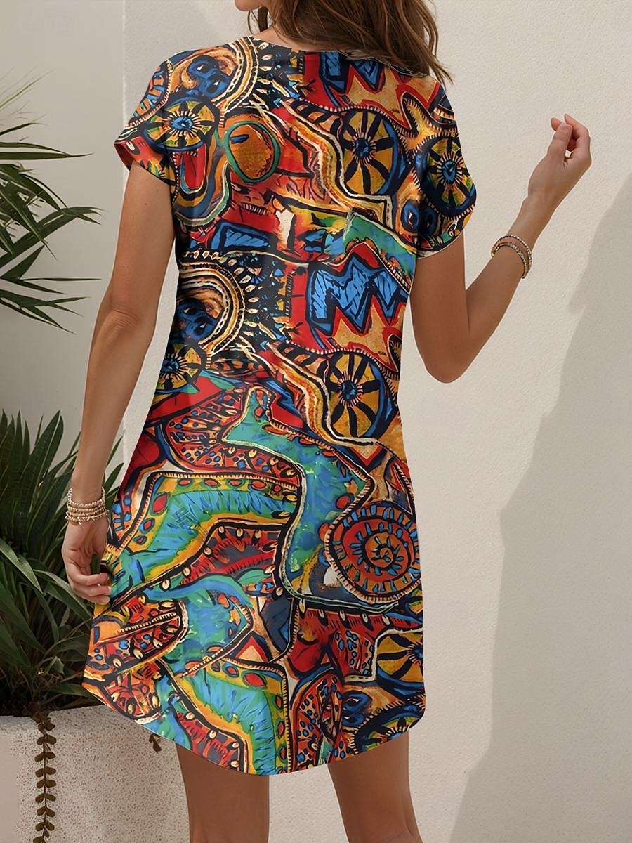 Damen Minikleid Strickkleid Freizeitkleid T-Shirt-Kleid Sommerkleid Elegant Urlaub Lässig Strand Normale Passform Grafik Geometrisch Abstrakt Kurzarm V Ausschnitt Gelb Blau Purpur Orange Sommer 2025 - $23.99 –P2