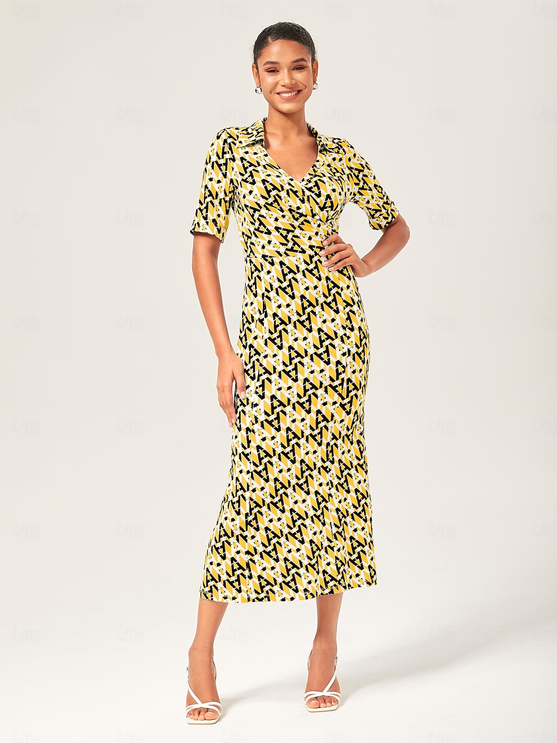 Per donna Femminile Vestito Casual Abito Midi Eco Green sabbia calda Blu Manica Corta Geometrico Estate Scollo a V Stampa XS S M del 2025 a $64.99 –P12