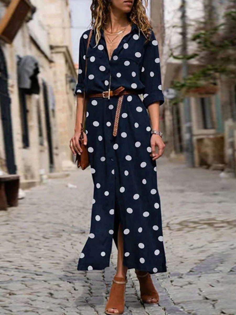 Femmes Robe maxi Robe fourreau Vacances Occasionnel Quotidien Coupe régulière À pois manche longue Col de chemise Vert militaire Noir Rouge Bleu Été Printemps de 2025 ? $26.99 –P1