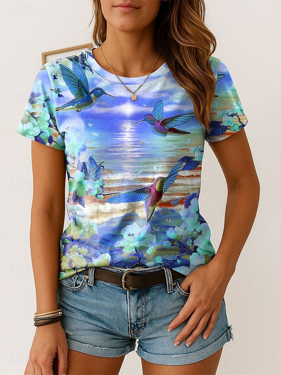 Femmes T-shirt Fleuri Graphique Oiseau ancien Élégant Classique Manche Courte Col ras du cou Col rond Hauts Réguliers Quotidien Week-end Imprimé Jaune Rose Claire Bleu Vert Été Printemps de 2025 ? $19.99 –P4