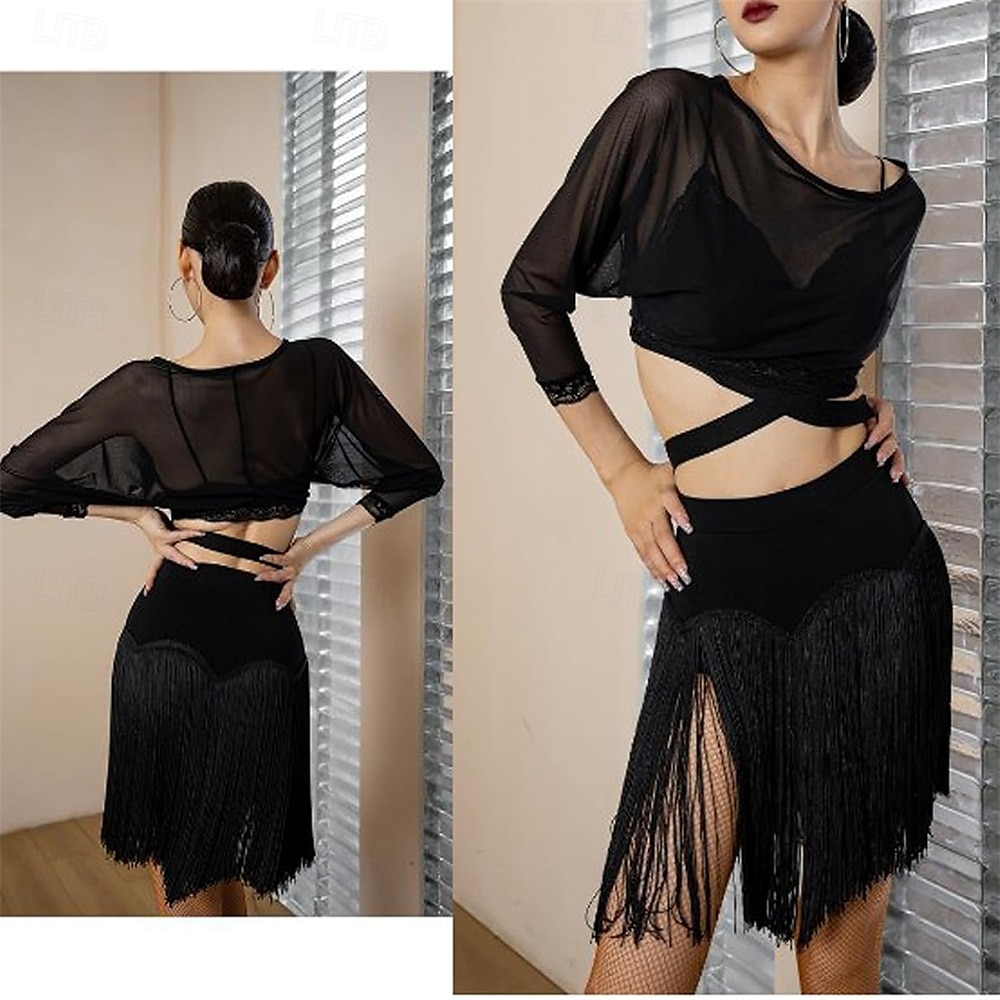 Minifalda negra con flecos y pantalones cortos para mujer, elástica, para rave, discoteca, baile latino, salsa 2025 - $35.99 –P5